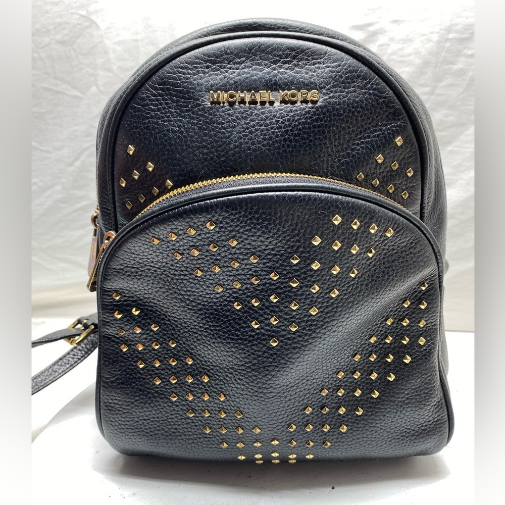 Michael Kors Abbey Black Pebbled Leather Studded Backpack Gold Tone Hardware
